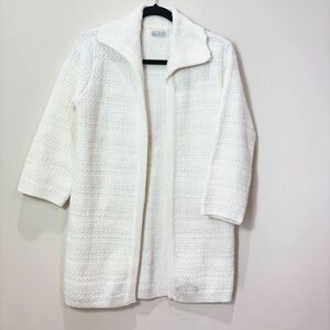 VTG Sears Roebuck White Open Front Knit Cardigan M Mid Length Thick Grannycore